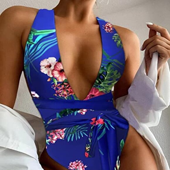 BLUE TROPICAL PLUNGE V-NECK CRISSCROSS HALTER ONE PIECE SWIMSUIT SIZE MEDIUM NWT - Picture 5 of 13